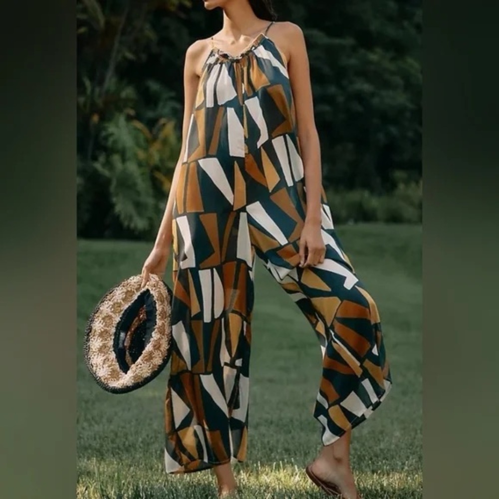 Anthropologie Abstract Geo Halter Jumpsuit in Green, Brown, Cream, Navy